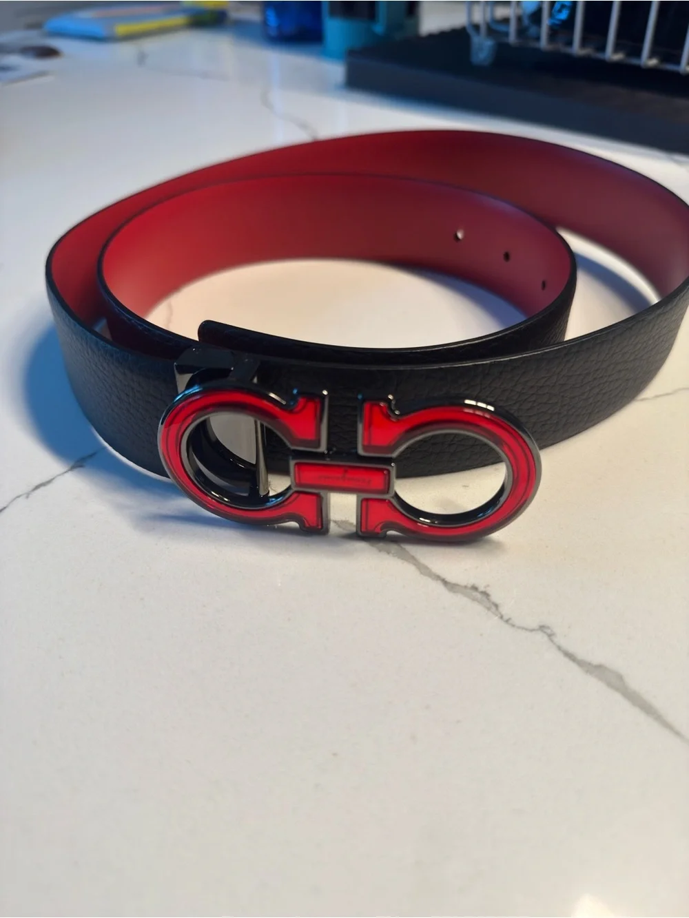 New 100% Auth Ferragamo Men Gancini Buckle Red/Black Leather Belt 42